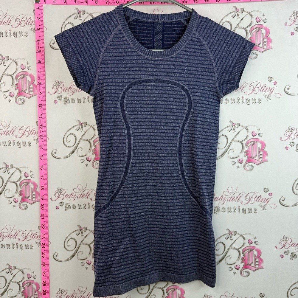 Lululemon Athletica Navy Striped Short Sleeve Athletic Top Long Top Stripes
